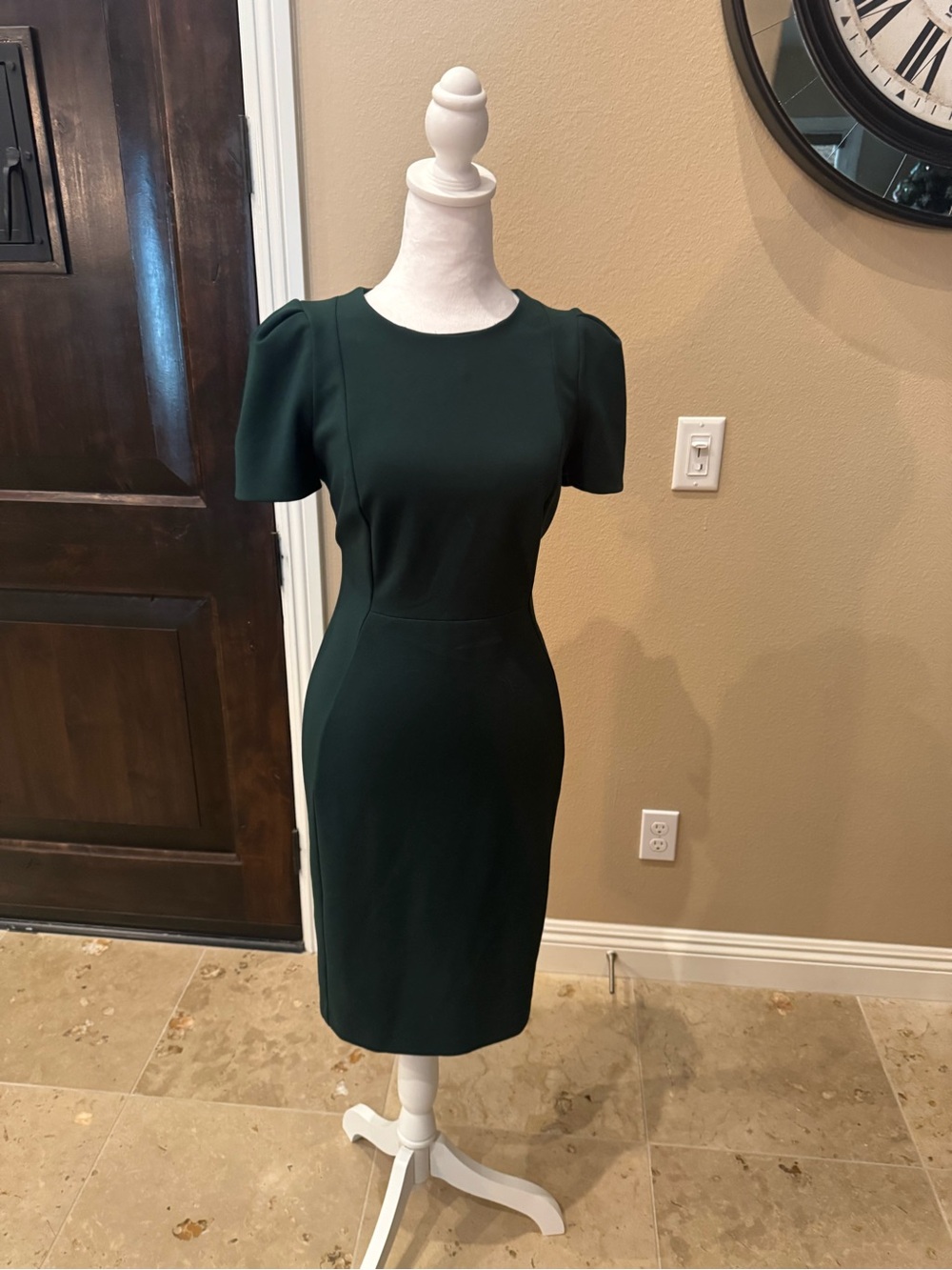 Calvin Klein Forest Green Midi Sheath Dress with Puff Shoulders